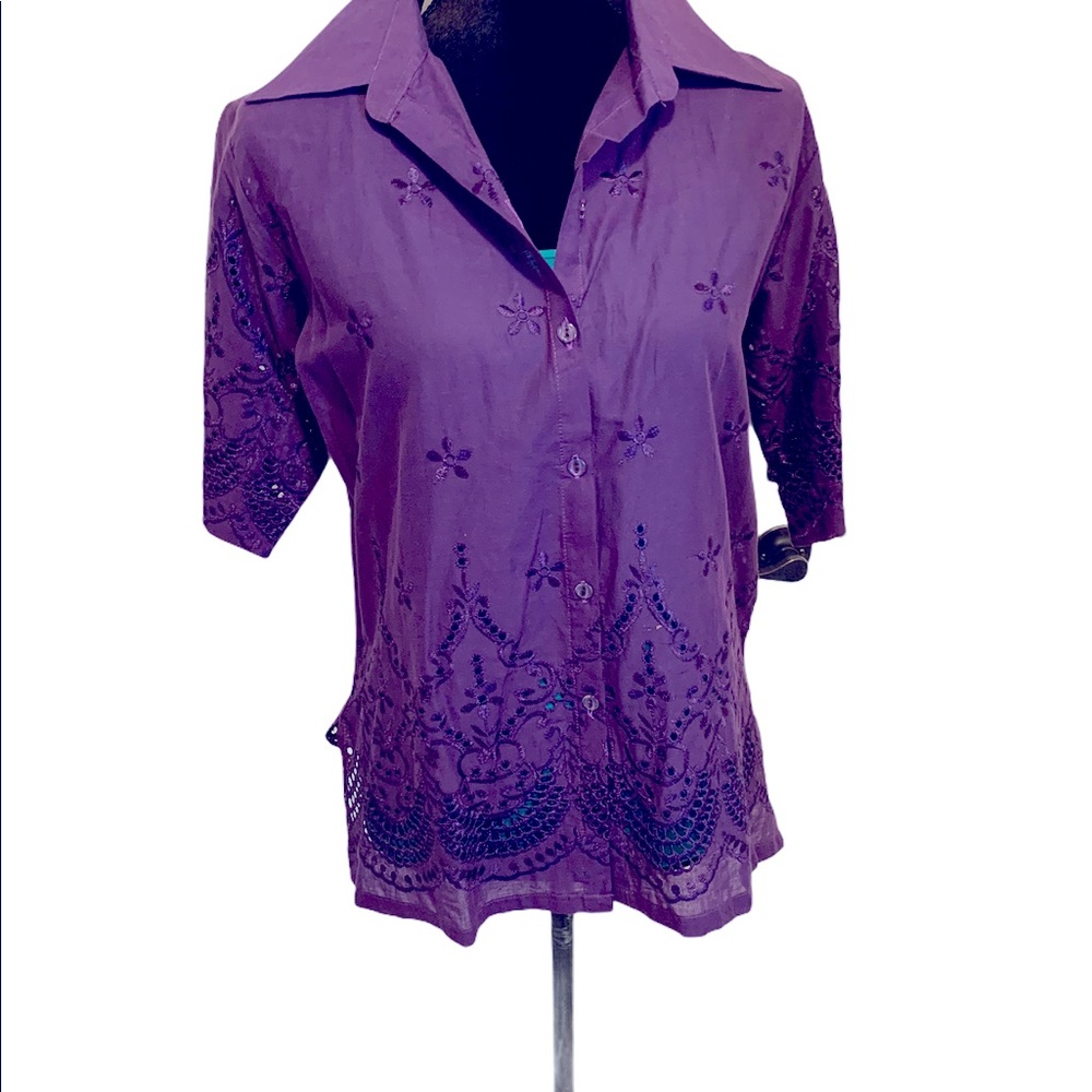 Pha Thai embroidery eyelet button down top